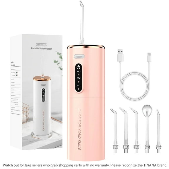 TINANA Water Dental Flosser with 5 Jet Tips, 280ml Water Tank, Portable Cordless Electric Water Flosser, 3 Modes Rechargeable Oral Irrigator, IPX7 Waterproof for Teeth Cleaning, Pink