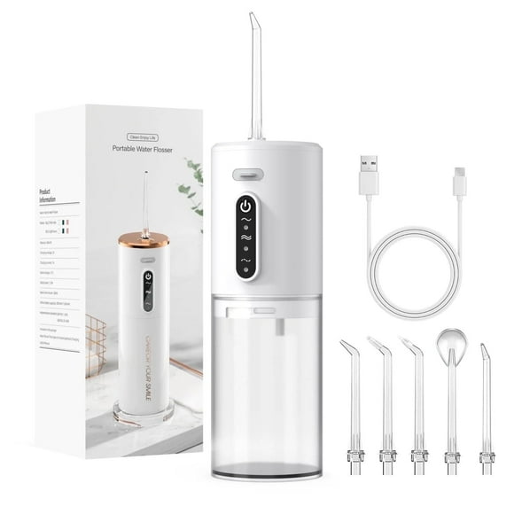 TINANA Water Dental Flosser with 5 Jet Tips, 280ml Water Tank, Portable Cordless Electric Water Flosser, 3 Modes Rechargeable Oral Irrigator, IPX7 Waterproof for Teeth Cleaning, White
