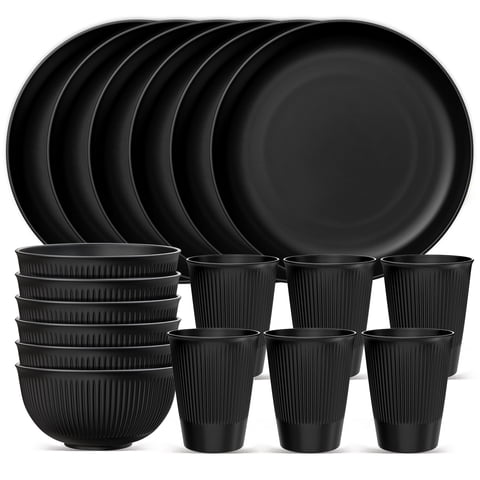 TINANA Wheat Straw Dinnerware Sets, Service for 6, 18 PCS Unbreakable Plastic Dinnerware, Freezer Dishwasher Safe - Black