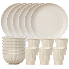 TINANA Wheat Straw Dinnerware Sets, Service for 6, 18 PCS Unbreakable Plastic Dinnerware, Freezer Dishwasher Safe - Beige