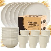 TINANA Wheat Straw Dinnerware Sets, Service for 6, 18 PCS Unbreakable Plastic Dinnerware, Freezer Dishwasher Safe - Beige
