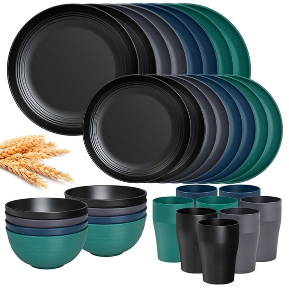 TINANA Wheat Straw Dinnerware Sets, Service for 8, 32 PCS Unbreakable Dinnerware,Microwave Dishwasher Safe - Black&Blue