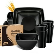 TINANA Wheat Straw Dinnerware Sets, Service for 4, 16 PCS Unbreakable Plastic Dinnerware, Dishwasher Microwave Safe - Black