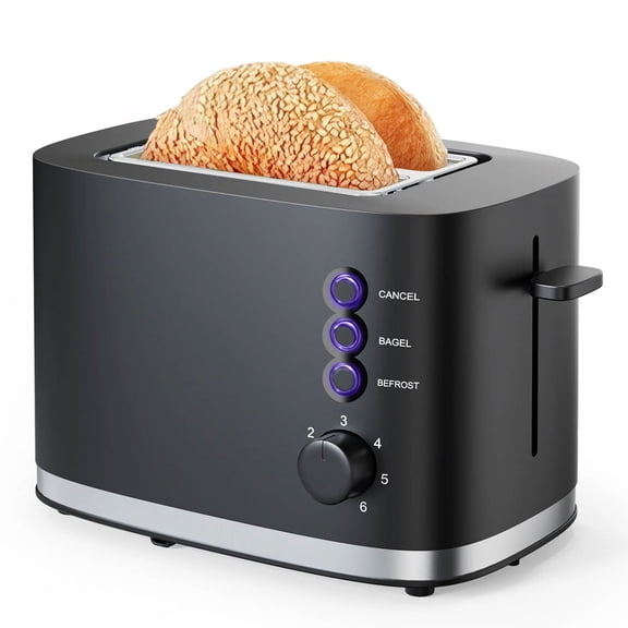 TINANA Wide Slot 2 Slice Toaster: Bread Toaster with Removable Crumb Tray, Small Toaster, 6 Bread Shade Settings, Auto-Shutoff, Toast Boost, Cord Storage Under Base, Black, 900W