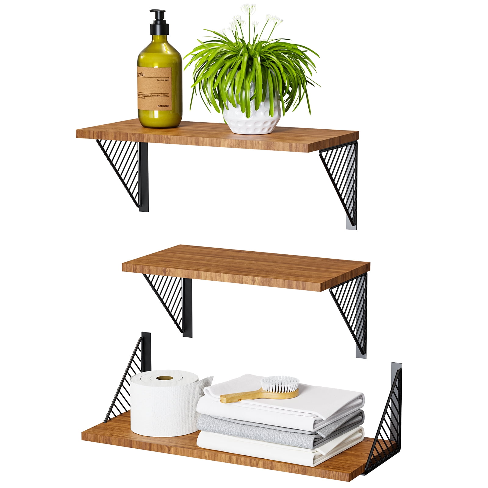 TINANA Floating Shelves for Wall, Wall Mounted Shelves for Bedroom, Living Room, Kitchen, Set of 3 Different Size Wood Wall Shelves, Brown