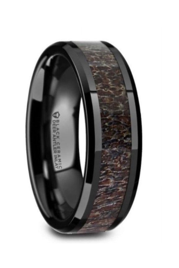 TINE Black Ceramic Polished Beveled Men's Band Dark Brown Antler Inlay - 6mm