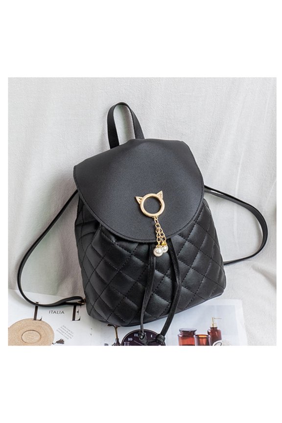 Cute Quilted Faux Leather Mini Backpack for Women, Cat Ear Metal Buckle Drawstring Small Backpack with Pearl Pendant, Lightweight Fashion Daypack for Daily Dating Shopping