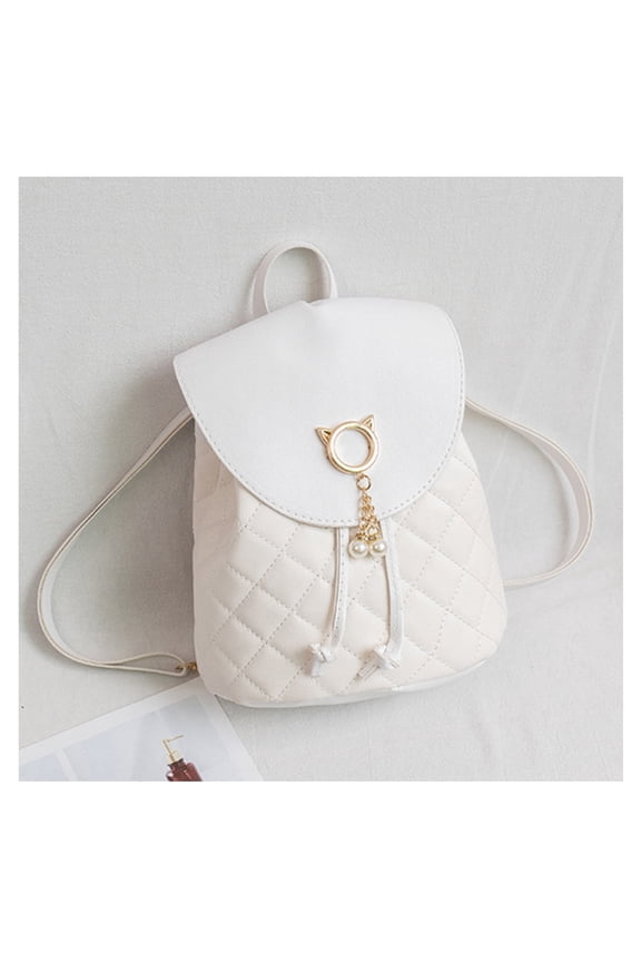 Cute Quilted Faux Leather Mini Backpack for Women, Cat Ear Metal Buckle Drawstring Small Backpack with Pearl Pendant, Lightweight Fashion Daypack for Daily Dating Shopping