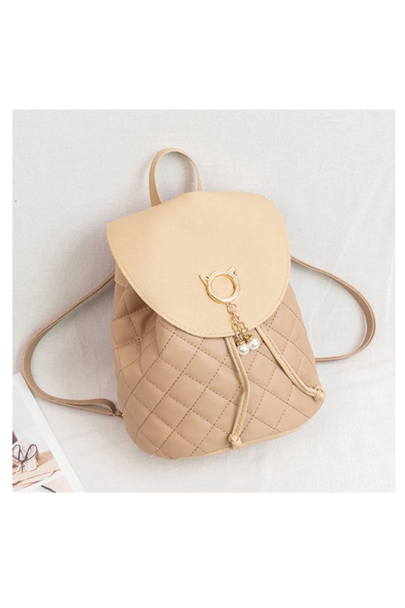 Cute Quilted Faux Leather Mini Backpack for Women, Cat Ear Metal Buckle Drawstring Small Backpack with Pearl Pendant, Lightweight Fashion Daypack for Daily Dating Shopping