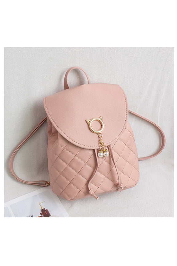 Cute Quilted Faux Leather Mini Backpack for Women, Cat Ear Metal Buckle Drawstring Small Backpack with Pearl Pendant, Lightweight Fashion Daypack for Daily Dating Shopping