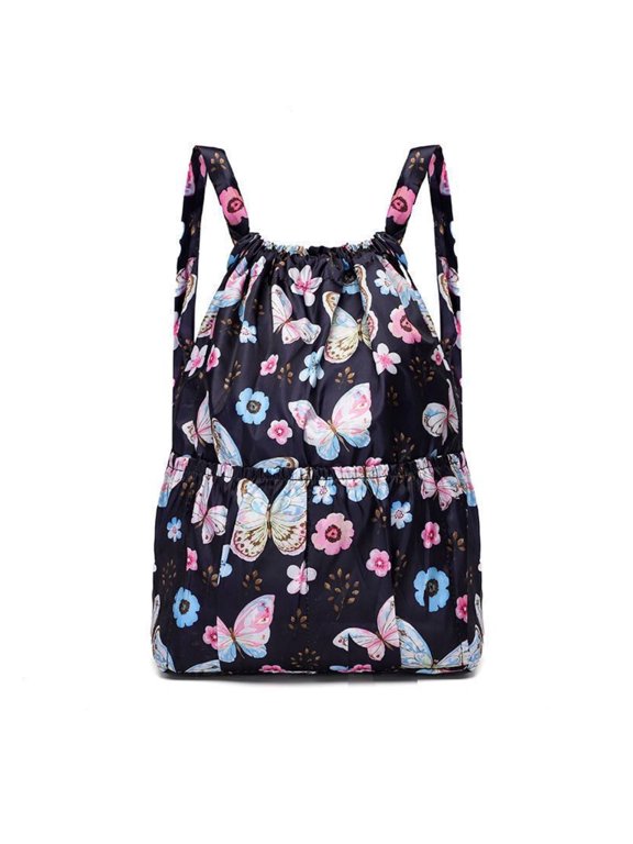 Floral Print Drawstring Backpack, Water Resistant Polyester Sling Sackpack with Front Pocket, Lightweight Foldable Floral Sports Bag for Shopping Travel Gym Yoga
