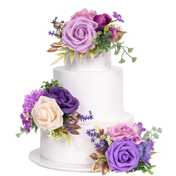 TINGE TIME 3Pcs Pre-made Cake Toppers, Silk Artificial Flowers Decor, Cake Decorations for Weddings, Birthdays, Party,Baby Shower,Celebration (Purple) C113