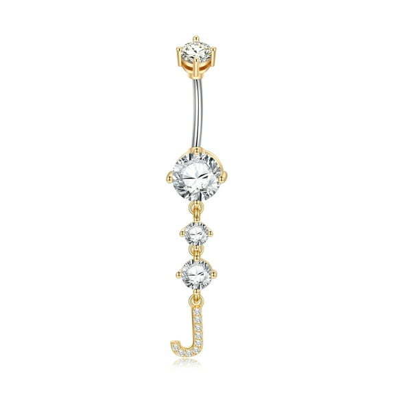 TINGN 14G Belly Button Rings Dangle with Initials 14K Gold Plated Round Cubic Zirconia Belly Button Rings Belly Piercing Jewelry