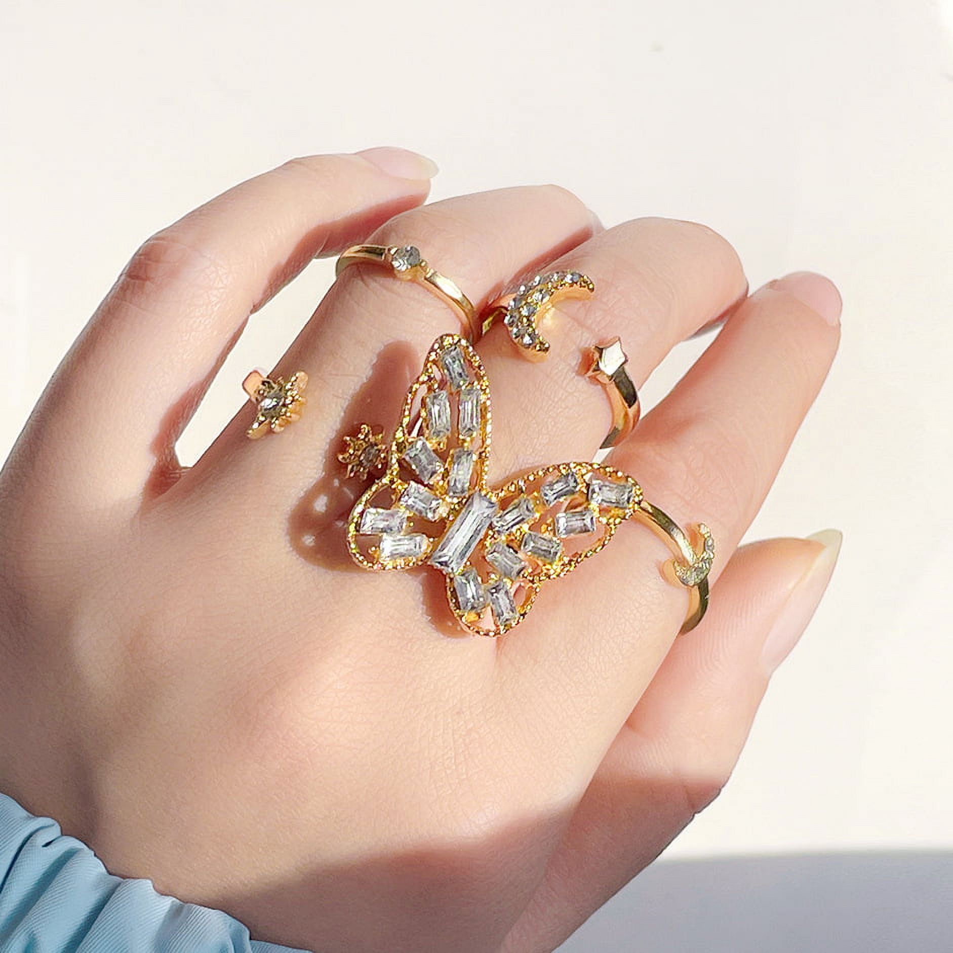 TINGN 5 pcs Women Dainty Gold Ring Set Rhinestone Butterfly