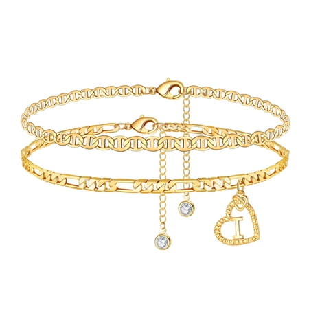 TINGN Ankle Bracelets for Women Dainty Initial Anklets Layered Figaro Chain Heart Anklet Set Foot Jewelry Summer Gifts for Women