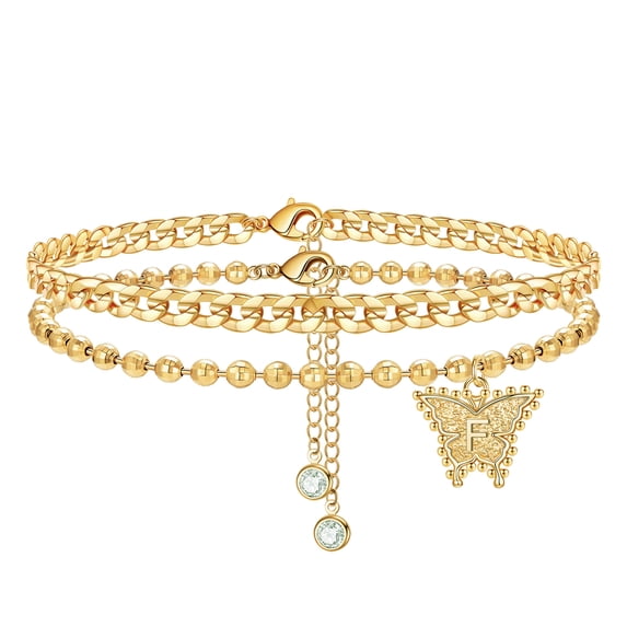 TINGN Anklets for Women Gold Anklets 14K Gold Plated Double Layered Anklets for Women Cute Initial Butterfly Anklets Foot Jewelry for Women
