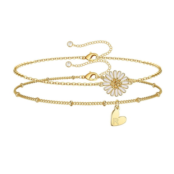 TINGN Anklets for Women Initial Anklet 2pcs Layered Letter Daisy Sunflower Anklets