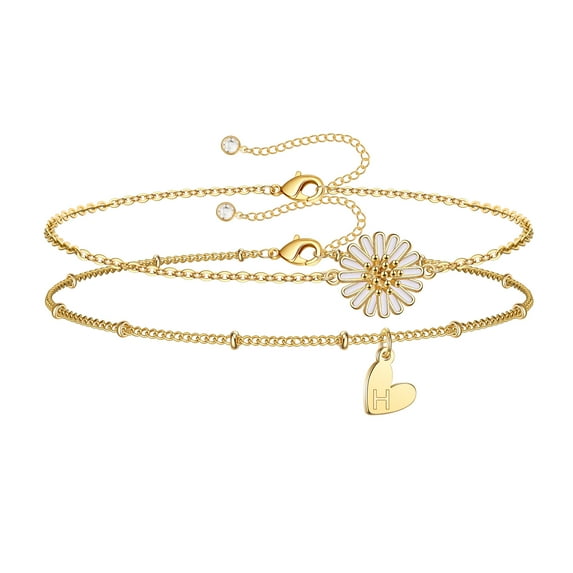TINGN Anklets for Women Initial Anklet 2pcs Layered Letter Daisy Sunflower Anklets