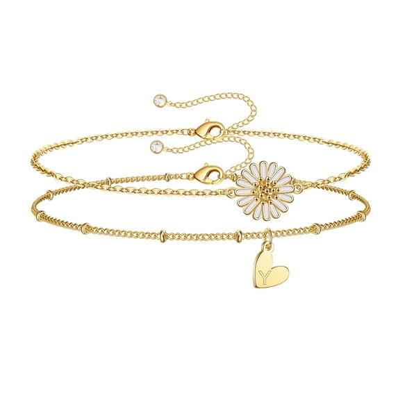 TINGN Anklets for Women Initial Anklet 2pcs Layered Letter Daisy Sunflower Anklets