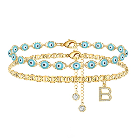 TINGN Evil Eye Ankle Bracelets For Women 14K Gold Plated Initial Anklet Letter A-Z Gold Anklets for Women Teen Girls Summer Jewelry Gifts