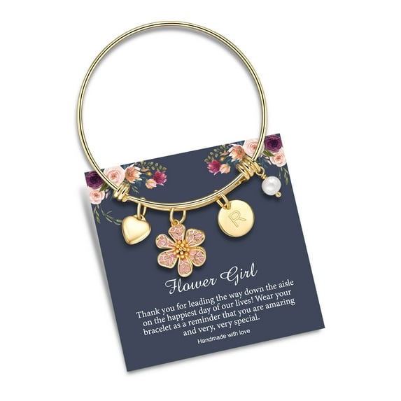 TINGN Flower Girl Bracelets for Little Girls 14K Gold Plated Stainless Steel Dainty Disc Initial Charms Bracelet for Little Girls JR Bridesmaid Gifts