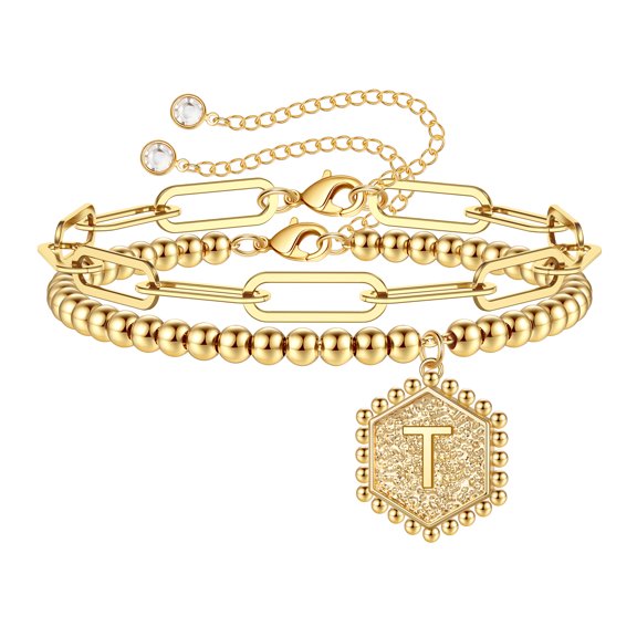 Tingn Layered Initial Bracelet Paperclip Link Gold Chain Bracelets for Women