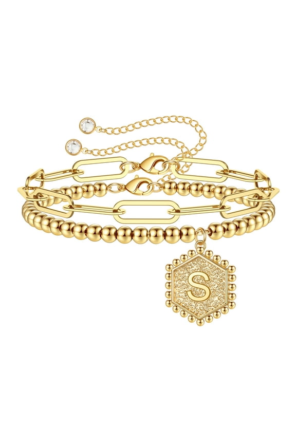 Layered Initial Bracelet Paperclip Link Gold Chain Bracelets for Women
