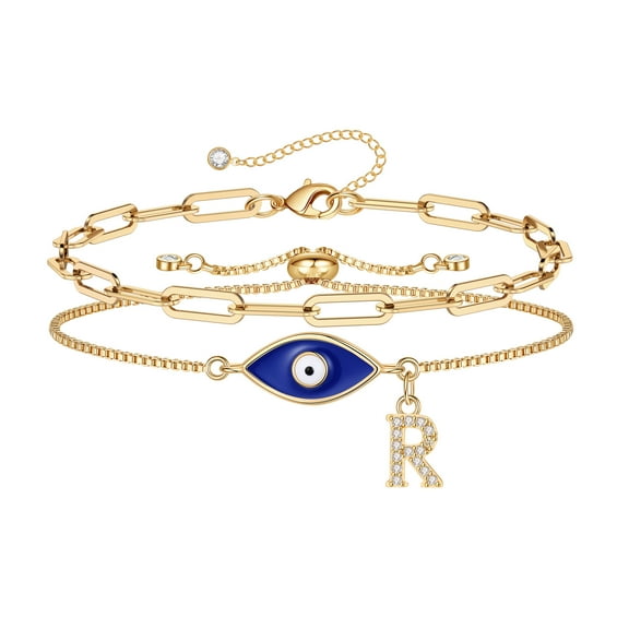 TINGN Gold Evil Eye Bracelets for Women 14K Gold Plated Dainty Paperclip Charms Initial Bracelet