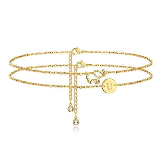 TINGN Gold Initial Ankle Bracelets for Women, 14K Gold Plated Layered Chain Elephant Anklets