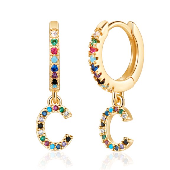 TINGN Gold Initial Hoop Earrings for Women, 14K Gold Plated S925 Sterling Silver CZ Initial Earrings for Women
