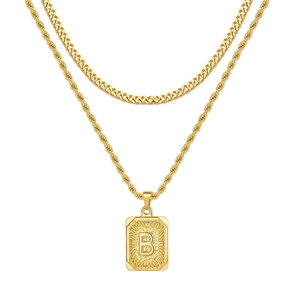TINGN Gold Initial Necklace for Men Women 18K Gold Plated Layered Cuban Link Chain Rope Chain 18-20 Inch Square Pendant Stainless Steel Necklace for Men Jewelry Gifts