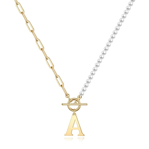 TINGN Gold Initial Pearl Necklace for Women 14K Gold Plated Paperclip Link Chain Necklace Choker Toggle Clasp Necklace for Women Jewelry Gifts