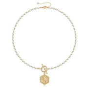 TINGN Gold Initial Pearl Necklace for Women 14K Gold Plated Toggle Clasp Hexagon Pearl Necklace