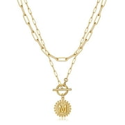 TINGN Gold Layered Initial Necklaces for Women 14K Gold Plated Layering Paperclip Link Choker Necklace Personalized Disc Initial Pendant Gold Necklaces for Women Jewelry Gifts