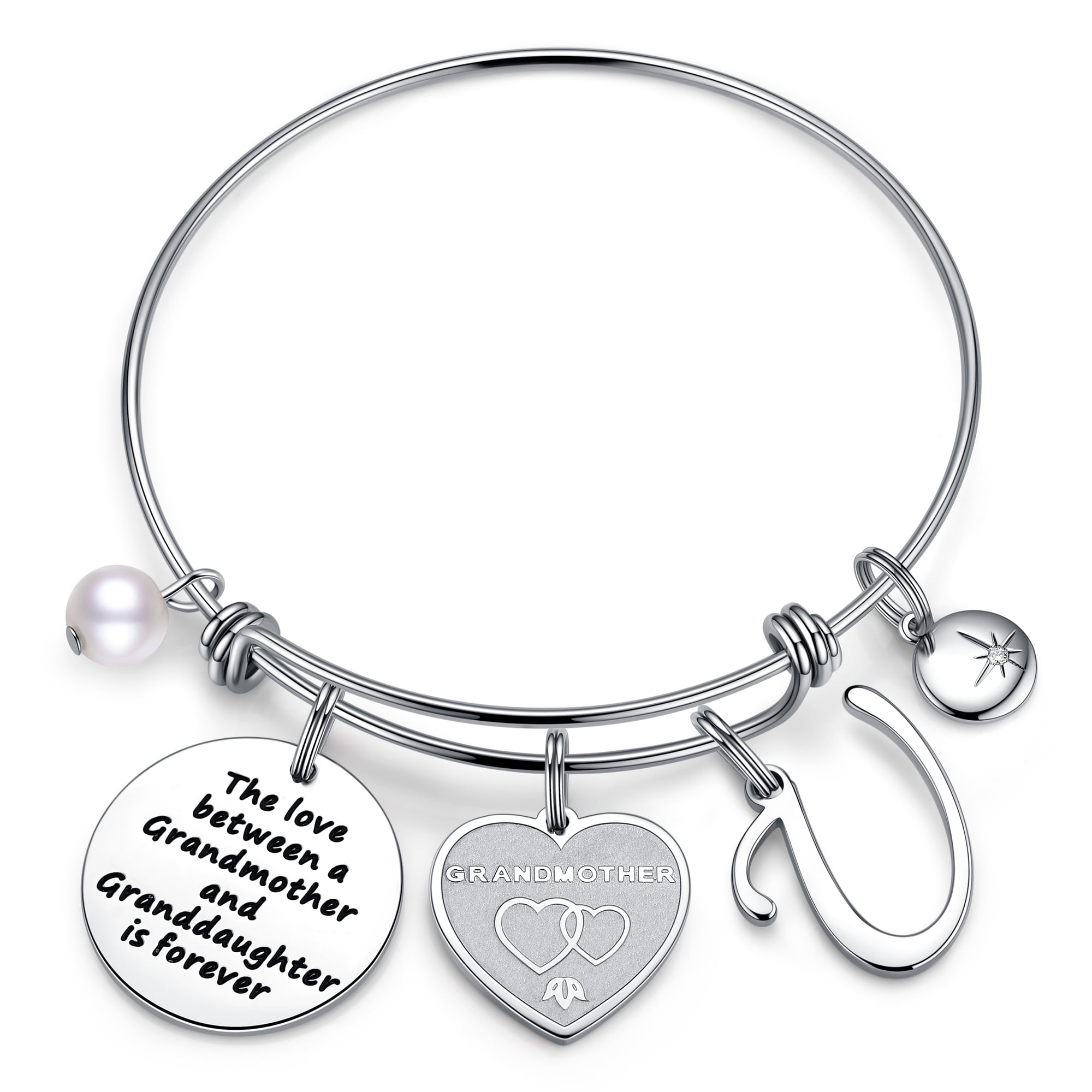 Nonna Letter Bead Bangle Bracelet, Silver