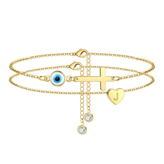 TINGN Heart Initial Ankle Bracelets for Women 14k Gold Plated Dainty Evil Eye Cross Ankle Bracelets for Women Teen Girls Summer Jewelry Gifts