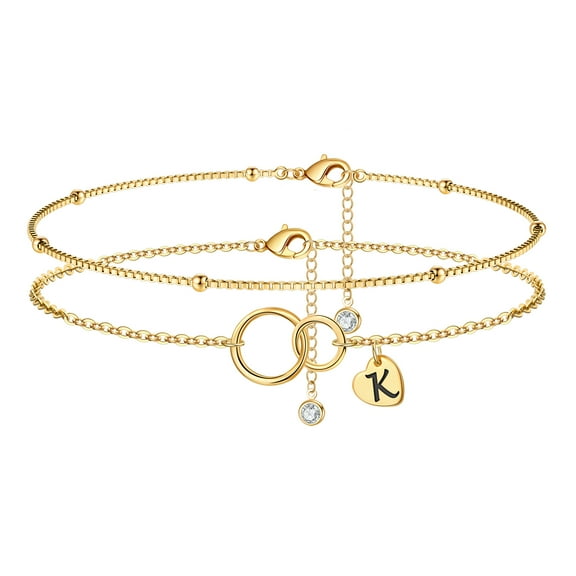TINGN Heart Initial Anklet Bracelet for Women 14K Gold Plated Two Interlocking Infinity Circles Anklet