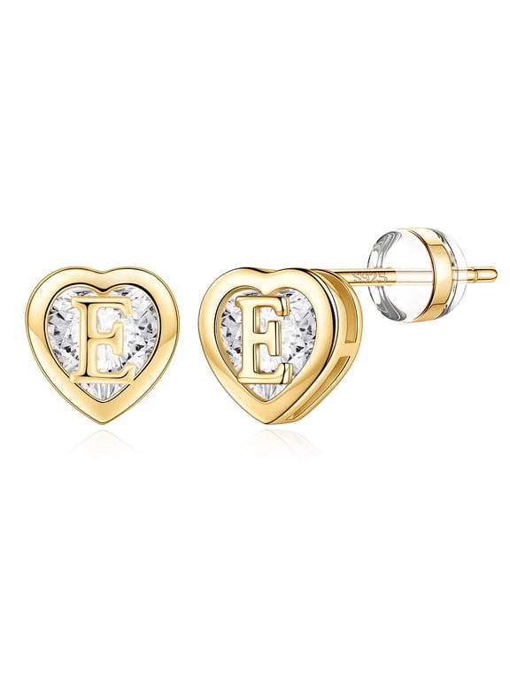 Heart Initial Stud Earrings for Women 925 Sterling Silver Studs 14K Gold Plated Earrings Jewelry Birthday Gifts for Women