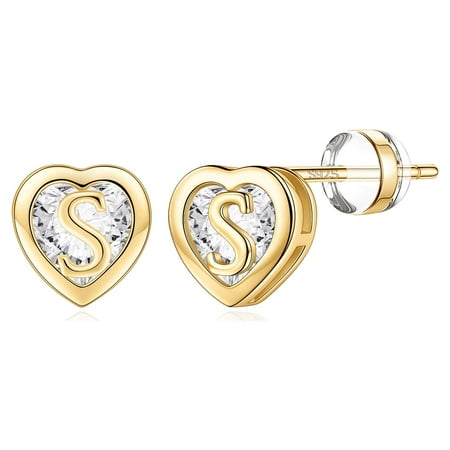 Turandoss Heart Initial Stud Earrings for Women 925 Sterling Silver Studs 14K Gold Plated Earrings Jewelry Birthday Gifts for Women