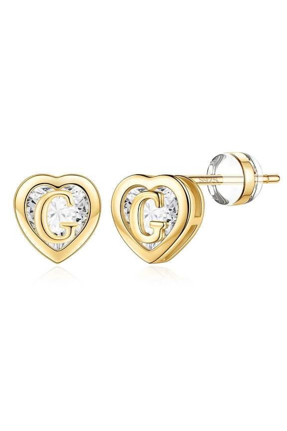 Heart Initial Stud Earrings for Women 925 Sterling Silver Studs 14K Gold Plated Earrings Jewelry Birthday Gifts for Women