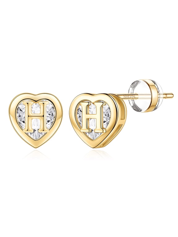 Heart Initial Stud Earrings for Women 925 Sterling Silver Studs 14K Gold Plated Earrings Jewelry Birthday Gifts for Women
