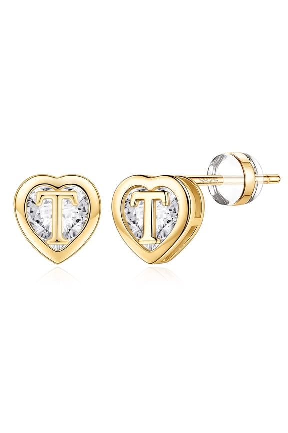 Heart Initial Stud Earrings for Women 925 Sterling Silver Studs 14K Gold Plated Earrings Jewelry Birthday Gifts for Women
