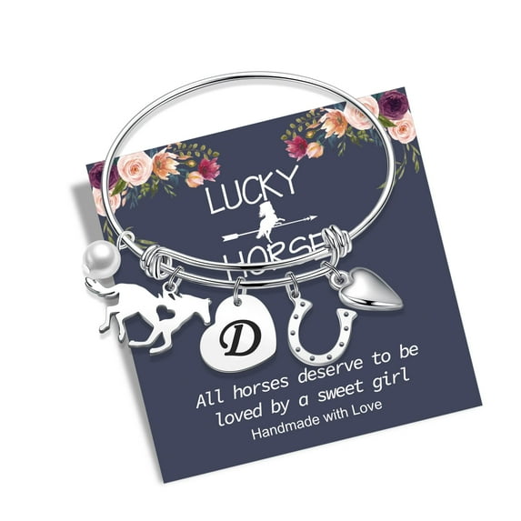 TINGN Horse Gifts for Girls Women Bracelet Stainless Steel Horse Bracelet Engraved Initial Charm Bracelet Dainty Horse Gifts for Girls Girls Teens Horse Lovers