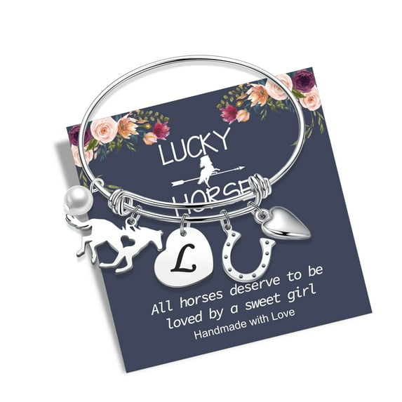 TINGN Horse Gifts for Girls Women Bracelet Stainless Steel Horse Bracelet Engraved Initial Charm Bracelet Dainty Horse Gifts for Girls Girls Teens Horse Lovers