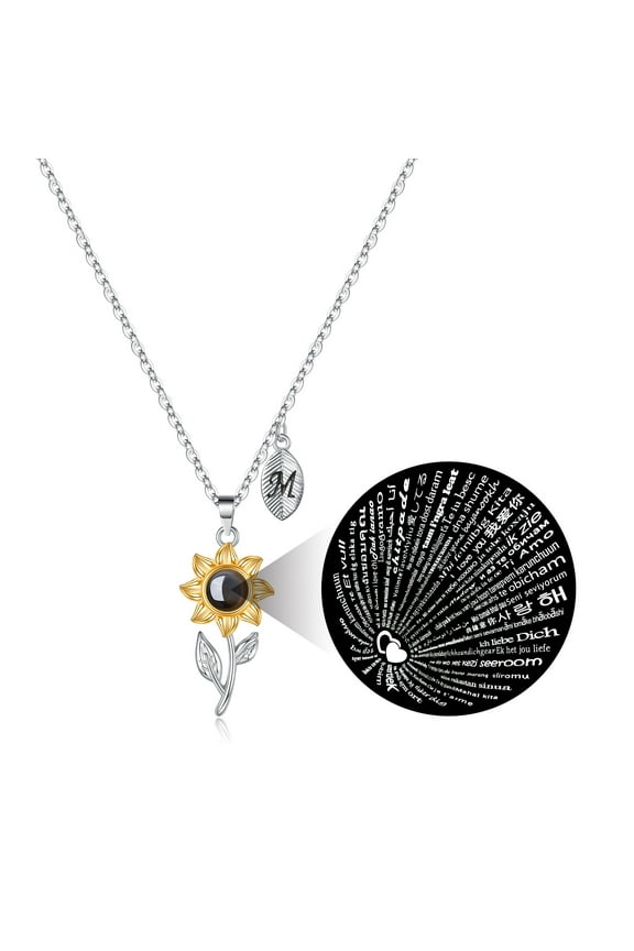 Initial Sunflower Pendant Necklace for Women I Love You 100 Languages Projection Necklace