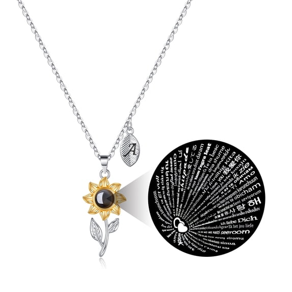 Tingn Initial Sunflower Pendant Necklace for Women I Love You 100 Languages Projection Necklace