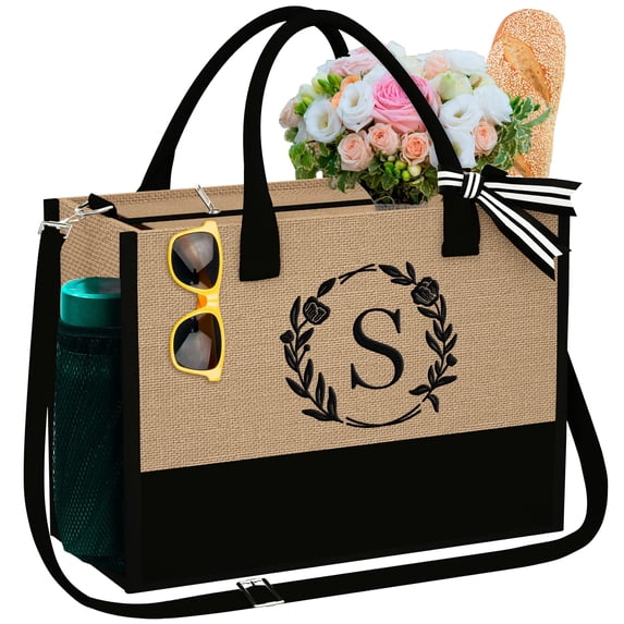 TINGN Initial Jute Tote Bag for Women Handmade Embroidery Personalized Monogrammed Tote Bag with Strap Gifts for Mothers Day Birthday Gifts for Mom Teacher Best Friends Bridal Shower Bridesmaid