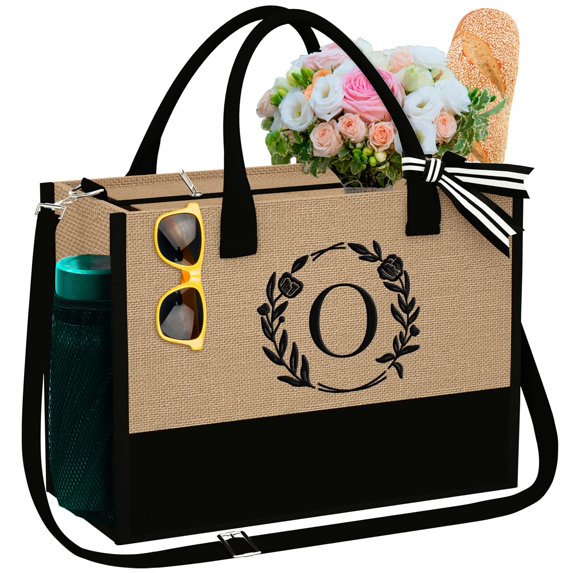 TINGN Initial Jute Tote Bag for Women Handmade Embroidery Personalized Monogrammed Tote Bag with Strap Gifts for Mothers Day Birthday Gifts for Mom Teacher Best Friends Bridal Shower Bridesmaid