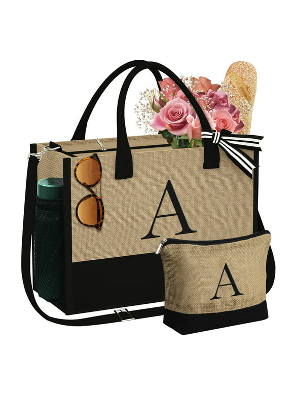 TINGN Initial Jute Tote Bag with Makeup Bag Beach Tote Bag with Zipper Adjustable Strap Mothers Day Birthday Gifts for Her