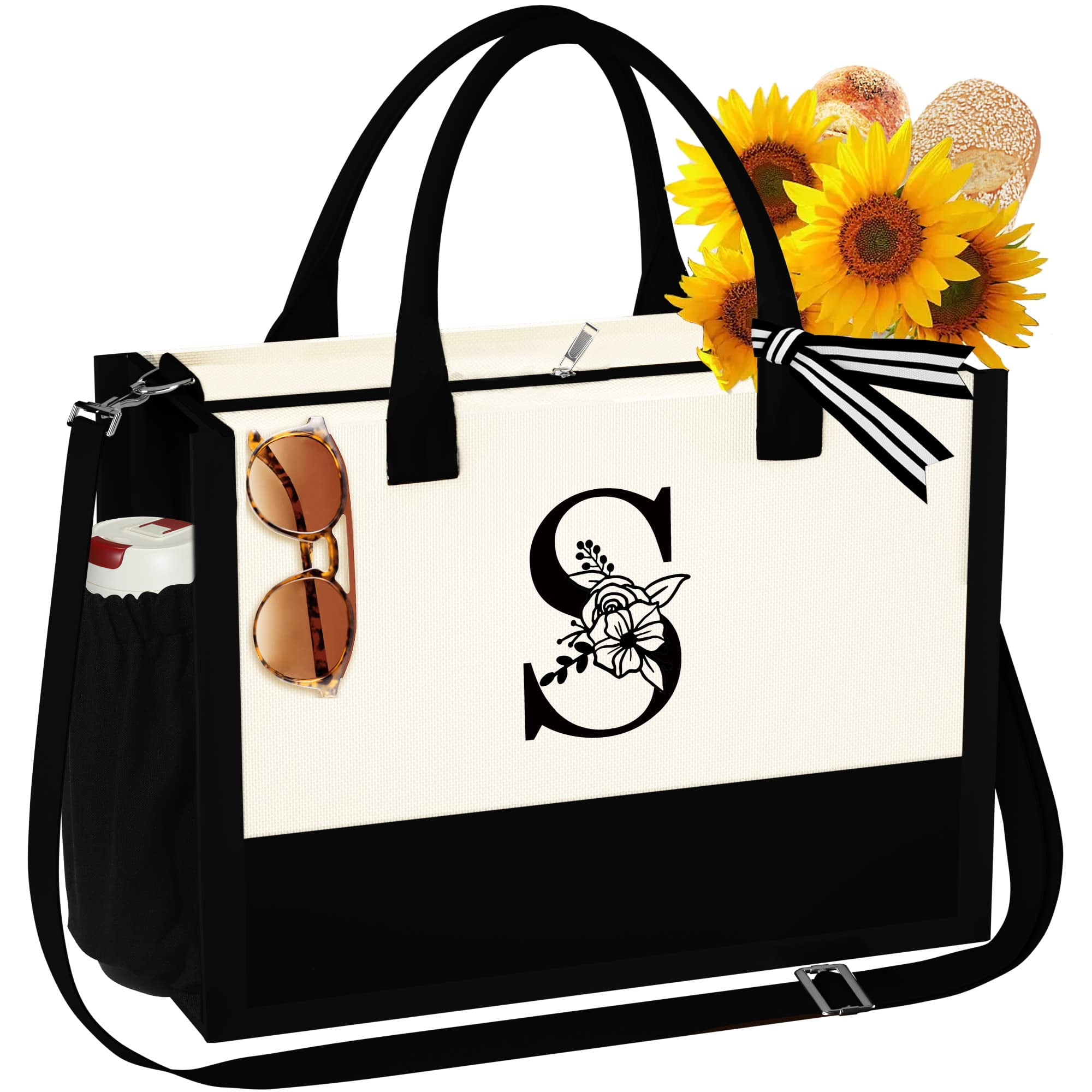 TINGN Initial Tote Bag for Women Embroidery Initial Canvas Beach Tote